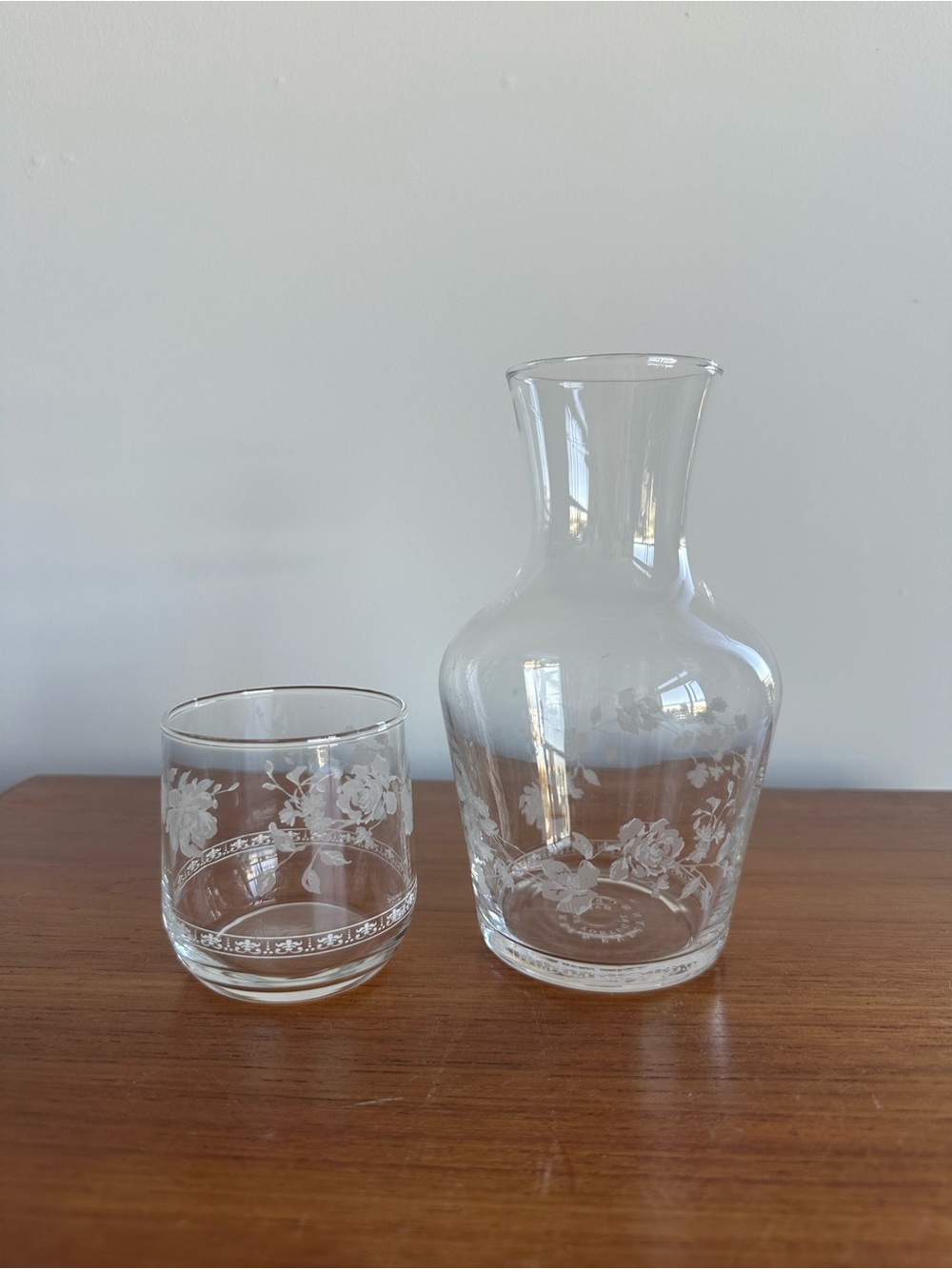 Etched Glass Carafe and Tumbler Set - Crabtree & Evelyn “Tumble Up” set  - VTG